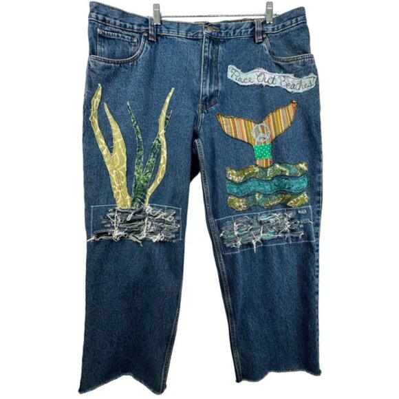 The Scrappy Camper Women Jeans Sz XXL Upcycled Patchwork Boho Festival Peace Out - Picture 2 of 16